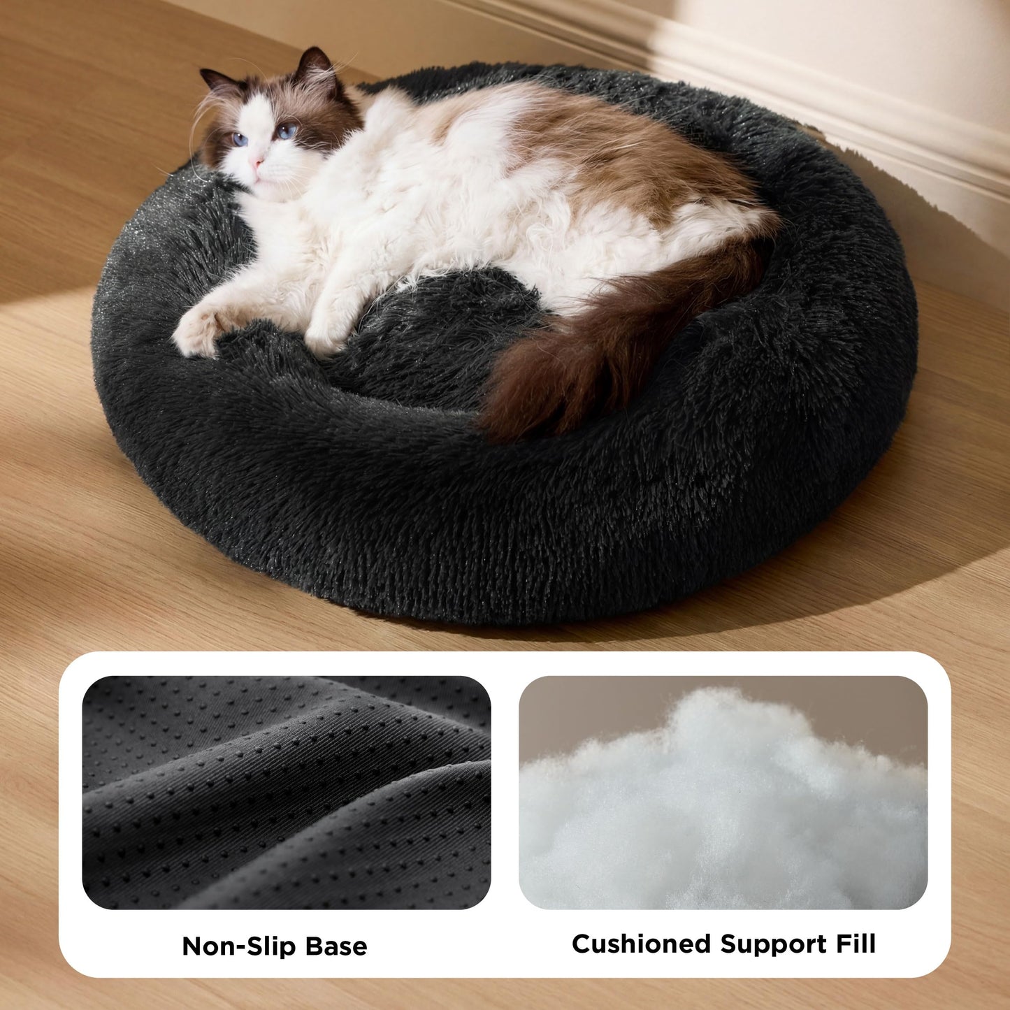 Pawry Large Round Calming Cat Bed 50cm – Washable Fluffy Anti-Anxiety Bed for Cats & Small Dogs